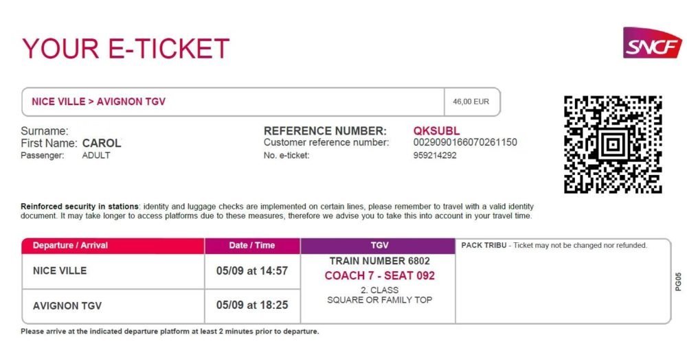 Train E-ticket to Avignon France from Nice France